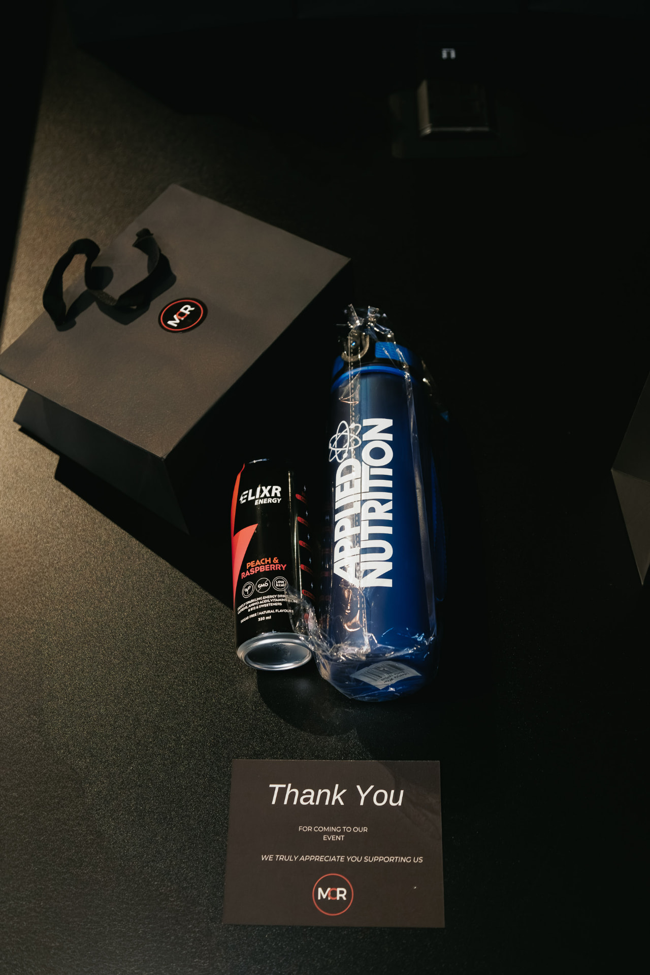 MCR event goody bag with Applied Nutrition and Elixr Energy